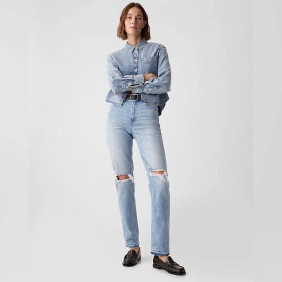 Gap Jeans Womens 10 R Cheeky Straight High Rise Light Wash Distressed Raw Hem - Picture 14 of 14